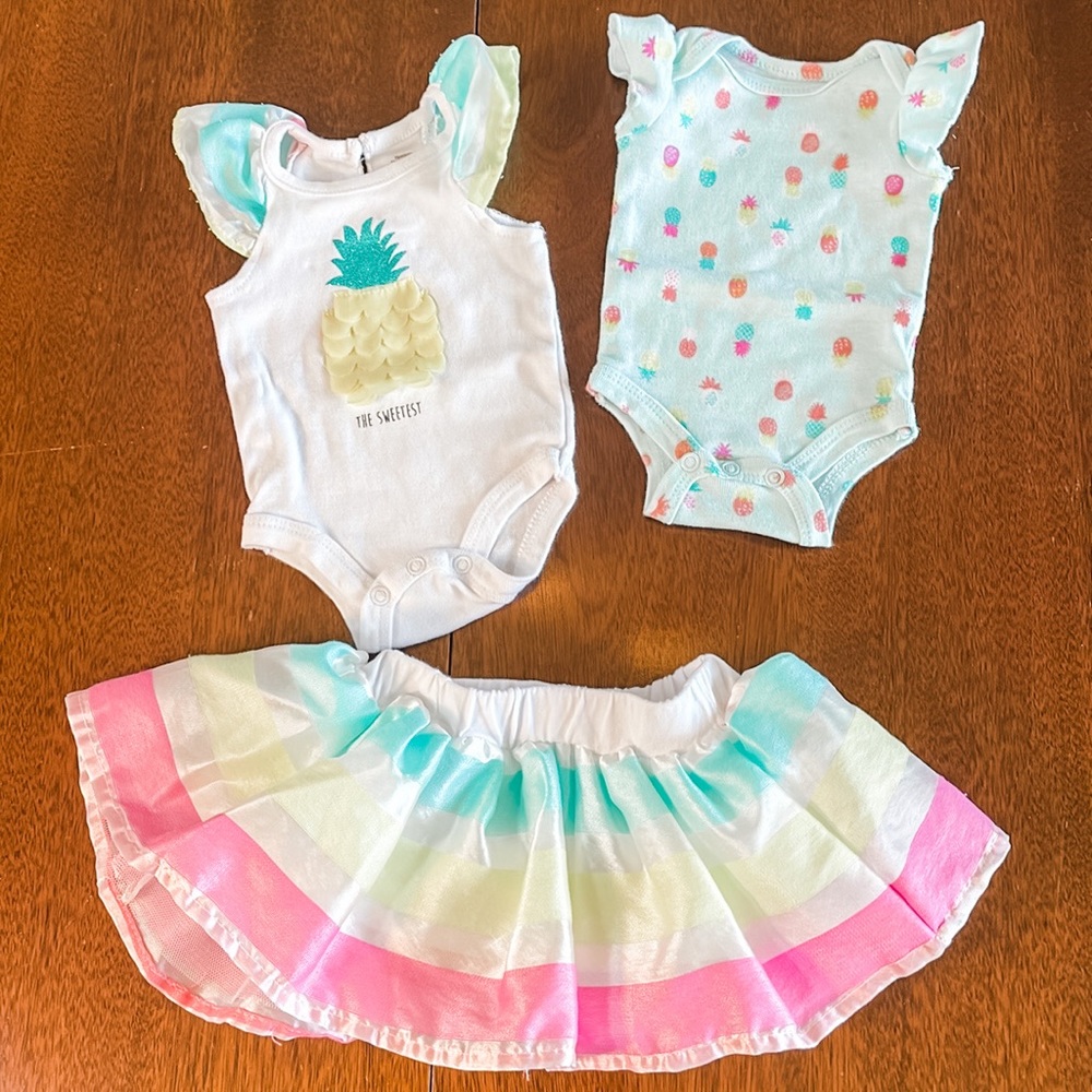 3 piece newborn girl pineapple outfits 2 onesies 1 matching skirt cute bundle